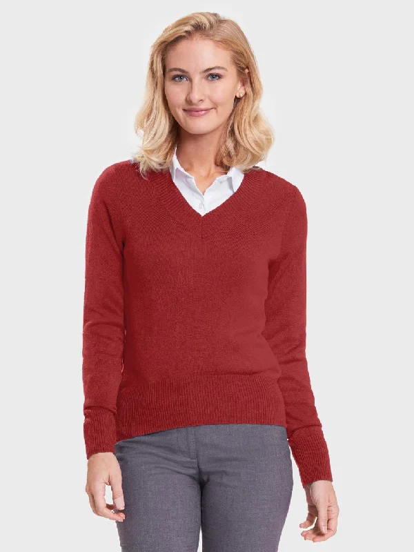 Ladies' Favorite V-Neck Sweater - Sunset Red Zippered Front Buttoned Front Snap Front Ladies' Favorite V-Neck Sweater - Sunset Red Zippered Front Buttoned Front Snap Front