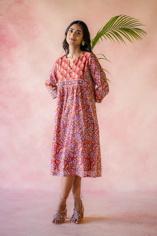 Indian Summer Rust Printed Kota Dress | Ray-ethnic