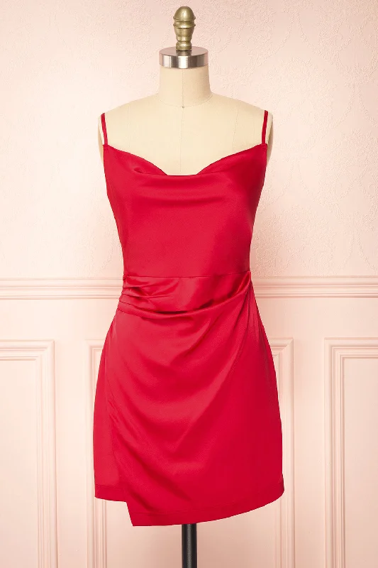 Enya Red | Short Satin Dress w/ Cowl Neck