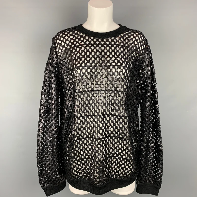 TORY BURCH Size L Black Sequined Mesh Crew-Neck Pullover Open Front Cardigan