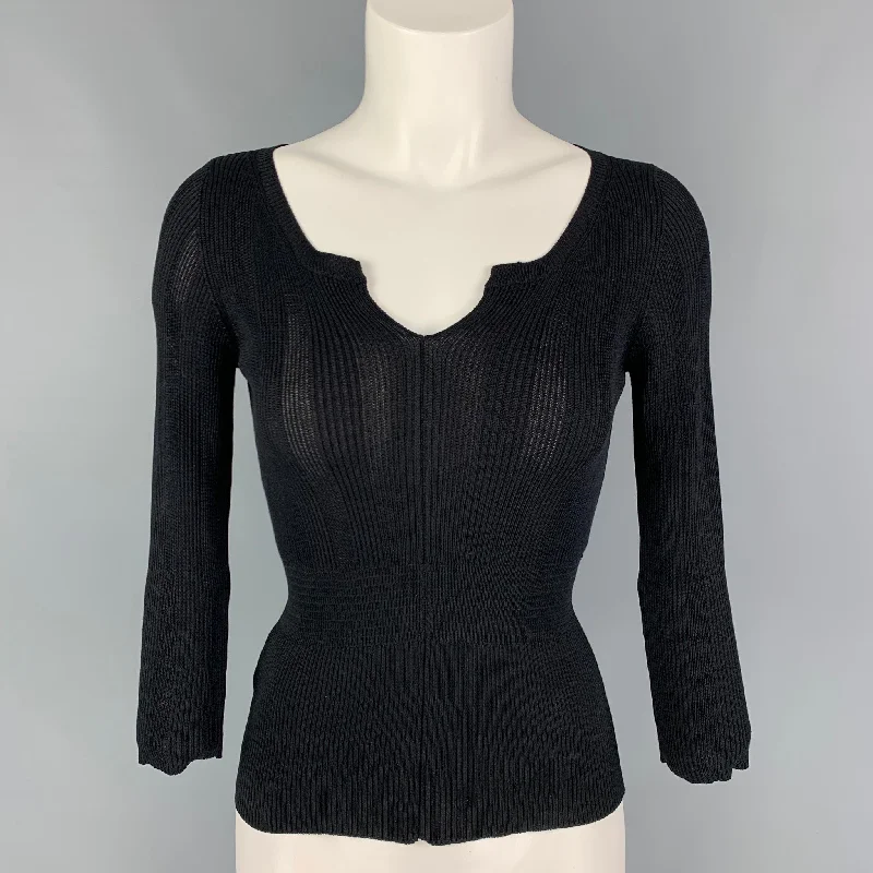 PRADA Size 4 Black Silk Ribbed Pullover Fleece Warm Pullover