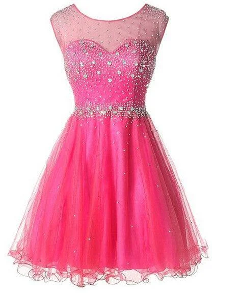 Hot Pink  Cute Short Tulle Backless Fashion Homecoming Dress Prom Dresses