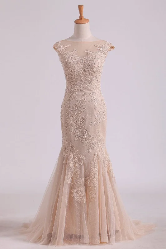 Mermaid Bateau Open Back With Applique Tulle Sweep Train Evening Dresses
