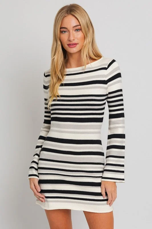 Boat Neck Bell Sleeve Sweater Dress Glossy Satin Silk