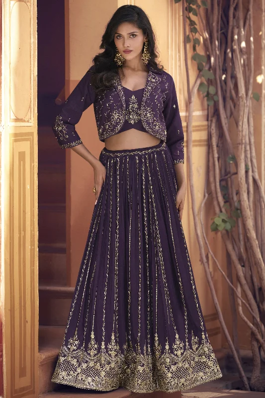 Purple Chinon Silk Lehenga Choli with Koti Jacket For Indian Festivals & Pakistani Weddings - Thread Embroidery Work, Sequence Embroidery Work Insulated Jacket Fitted Jacket Loose Jacket Purple Chinon Silk Lehenga Choli with Koti Jacket For Indian Festivals & Pakistani Weddings - Thread Embroidery Work, Sequence Embroidery Work Insulated Jacket Fitted Jacket Loose Jacket