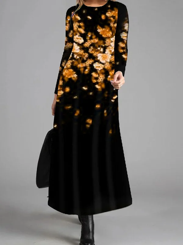 Vintage Elegant Flower Long Sleeve Round Neck Dress