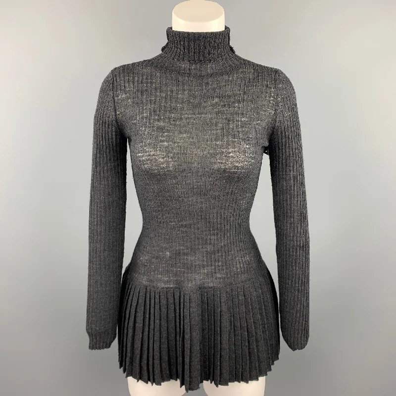 JEAN PAUL GAULTIER Size S Charcoal Ribbed Knit Wool Pleated Waistband Pullover Flutter Sleeve Feminine