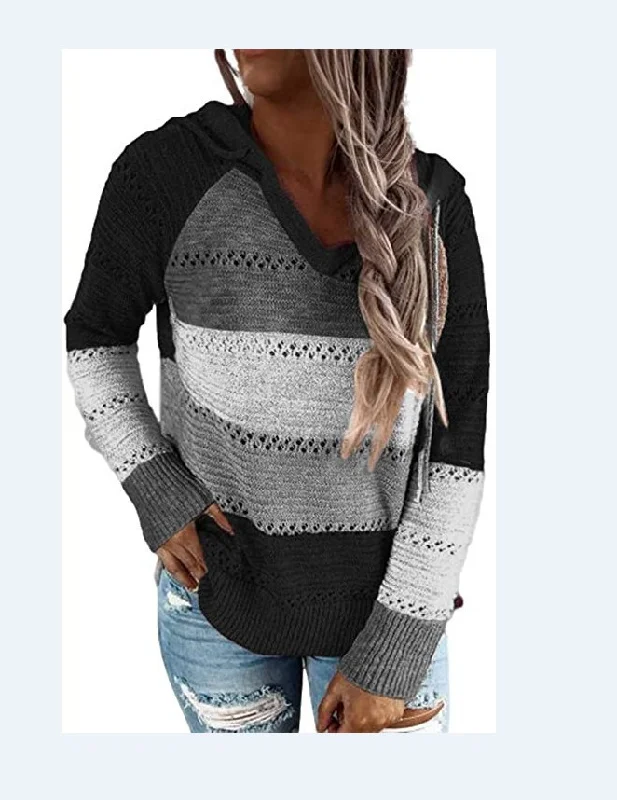 Women Casual Loose V-Neck Hollow Pullover Stripe Hooded Knitted Sweater Scalloped Neck Pullover