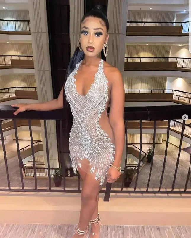 Silver Diamond Mini Cocktail Evening Dresses for Black Girl 2024 Sparkly Crystal Sheer Mesh Birthday Gala Party Gown Silver Diamond Mini Cocktail Evening Dresses for Black Girl 2024 Sparkly Crystal Sheer Mesh Birthday Gala Party Gown