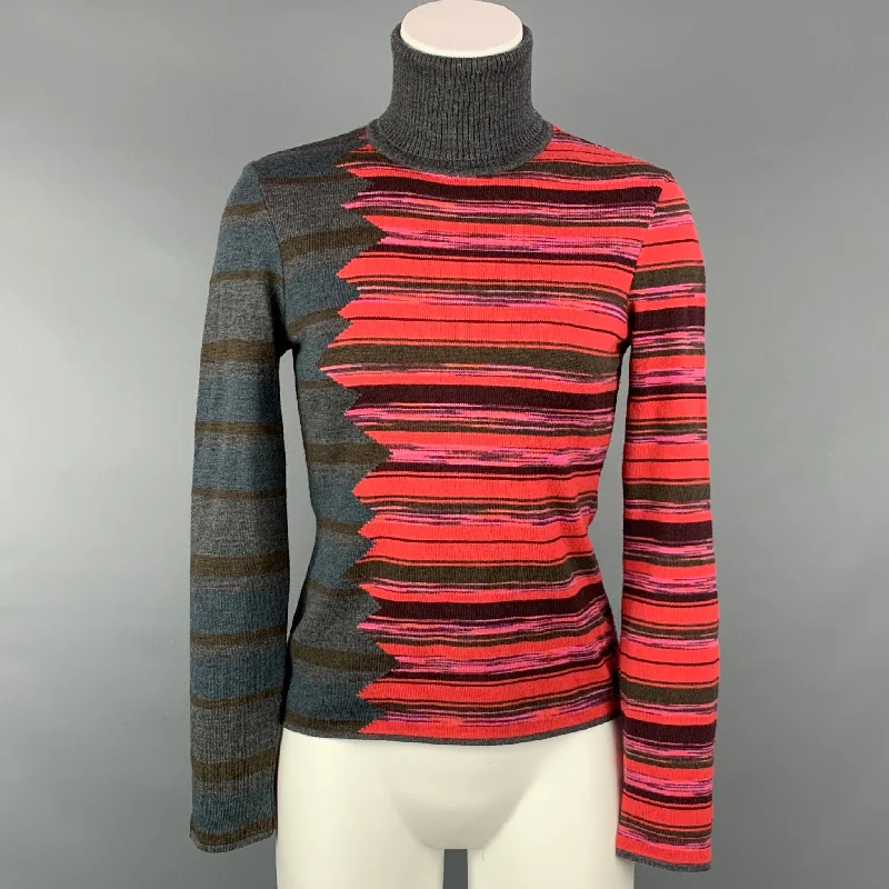 M MISSONI Size 6 Grey & Red Merino Color Block Wool / Acrylic Turtleneck Pullover Boat Neck Sweater