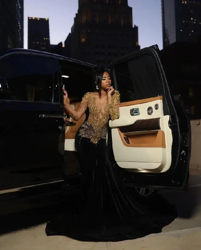 Black Velvet Long Sleeve Trumpet Prom Dresses For African Women With Gold Crystal Beaded Sheer Mesh Birthday Gown