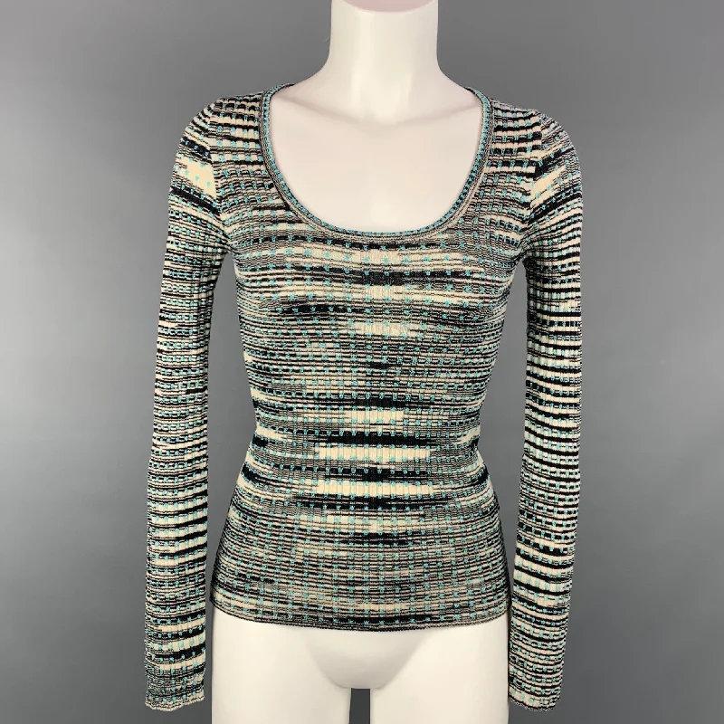 M MISSONI Size 4 Black & Turquoise Merino Wool Blend Pullover High Neck Pullover