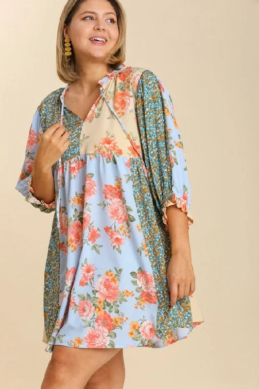 Umgee Mixed Floral Print Dress in Sky Blue Mix