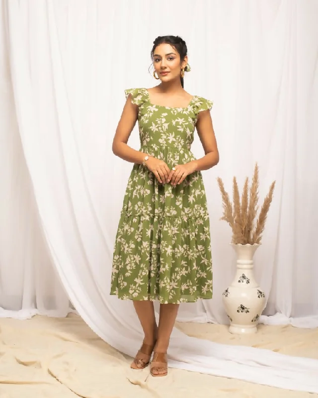 FIORRA Women's Mehandi Green Georgette Floral Printed Dress