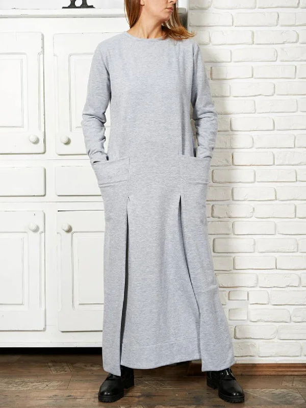 Stitching Fashion Solid Color Pocket Round Neck Dress