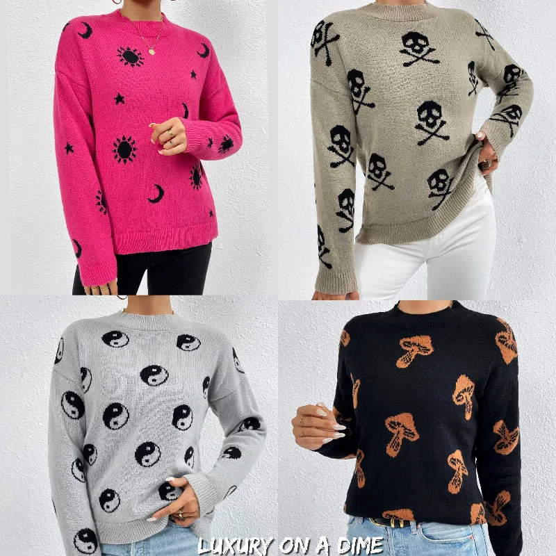 Unique Print Knit Pullover Celestial Mushroom Skull Yin Yang Sweater Shirt Port Neck Pullover