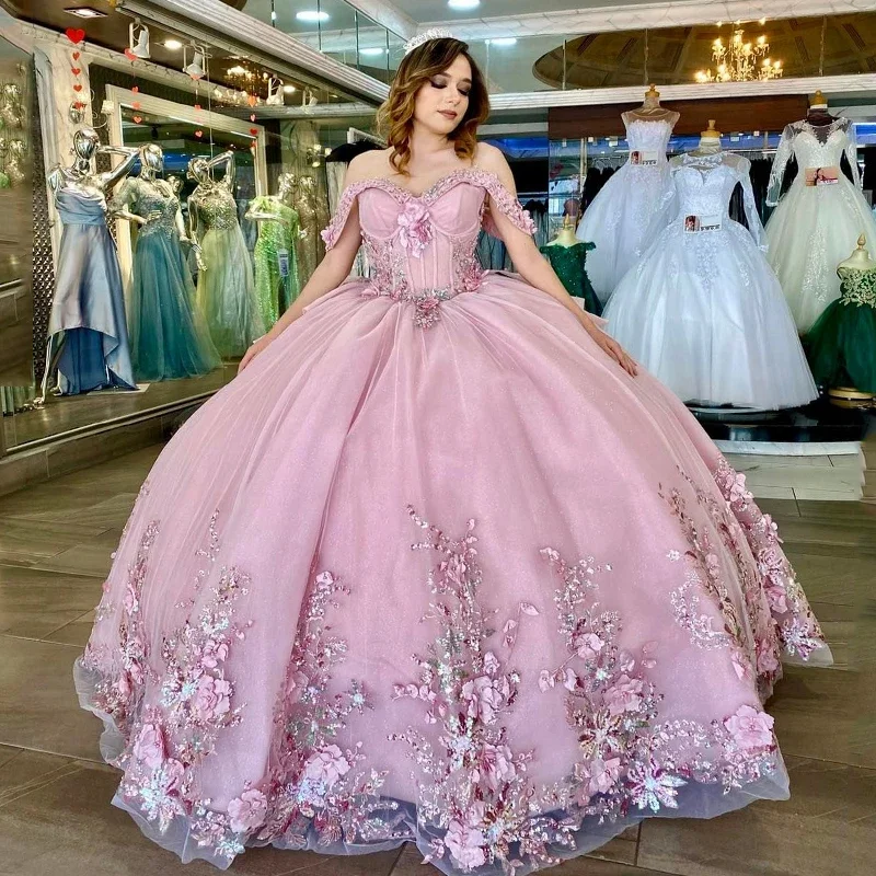 Pink Shiny Ball Gown Off the Shoulder Quinceanera Dresses 3D Flowers Appliques Lace Beads Tull Corset Vestidos De 15 Años Pink Shiny Ball Gown Off the Shoulder Quinceanera Dresses 3D Flowers Appliques Lace Beads Tull Corset Vestidos De 15 Años