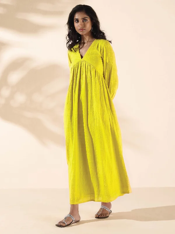 trueBrowns Lime Cotton Dobby Flared Dress
