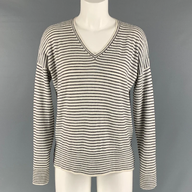 LORO PIANA Size S White Black Cashmere Stripe V-Neck Pullover Port Neck Pullover