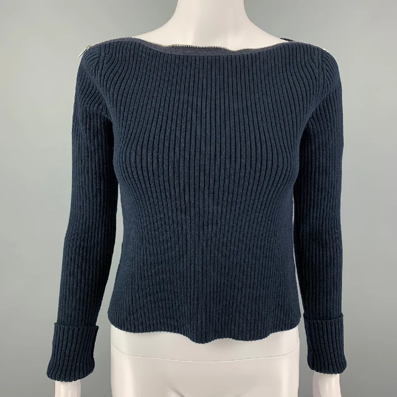 ALEXANDER WANG Size XS Navy Cotton Blend Ribbed Pullover Bardot Neck Top