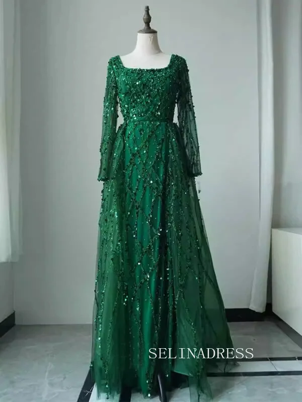 Luxurious Green Square Neck Arabic Long Sleeves Beaded Long Formal Evening Dress With Skirt ALI0015 Luxurious Green Square Neck Arabic Long Sleeves Beaded Long Formal Evening Dress With Skirt ALI0015
