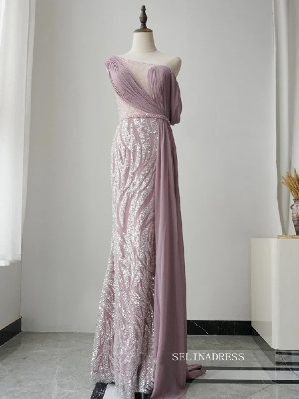 Gorgeous One Shoulder Elegant Long Prom Dress Rose Pink Sparkly Evening Dress Formal Gown FUE019 Gorgeous One Shoulder Elegant Long Prom Dress Rose Pink Sparkly Evening Dress Formal Gown FUE019