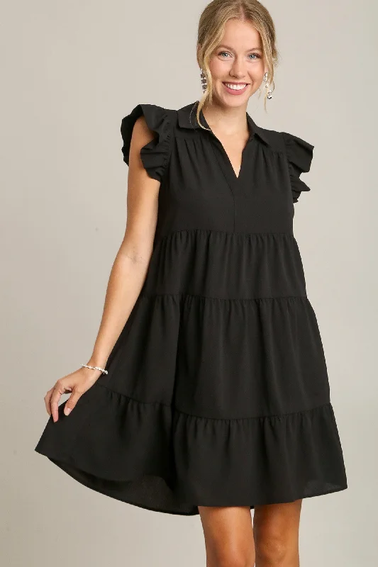 Umgee Solid Color Short Tiered Dress in Black FINAL SALE
