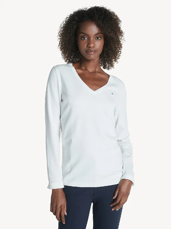 Tommy Hilfiger Essential Solid V-Neck Sweater - Women Cotton Fabric Linen Fabric Terry Fabric Tommy Hilfiger Essential Solid V-Neck Sweater - Women Cotton Fabric Linen Fabric Terry Fabric