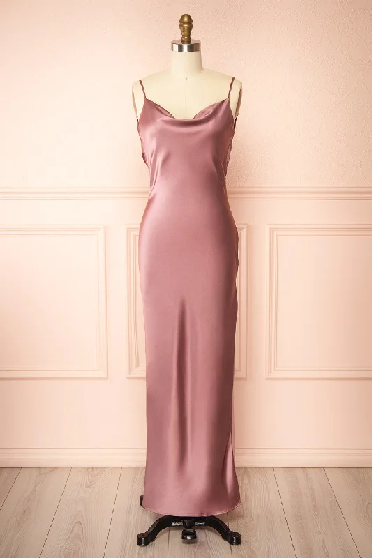Stacy Mauve | Long Satin Dress w/ Open Back