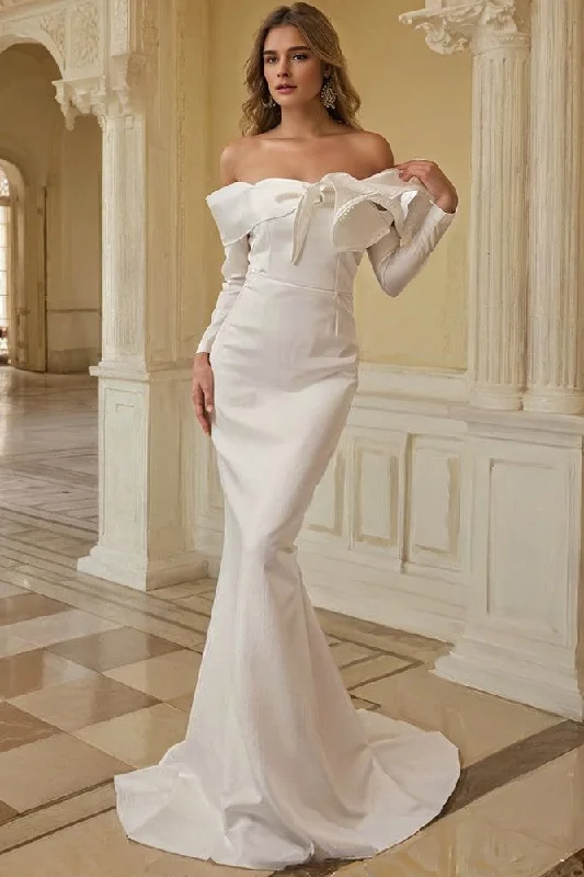 Delicate Ivory Off The Shoulder Trumpet Prom Dress with Detachable Sleeves