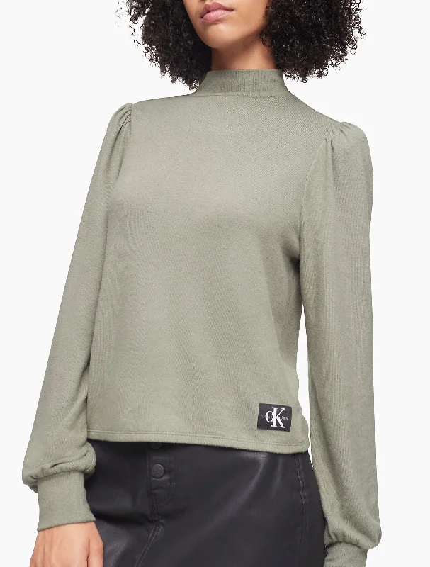 Calvin Klein Mock Neck Blouson Sleeve Sweater - Women Ribbed Striped Patterned