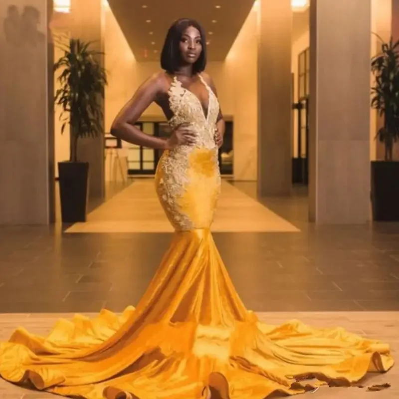 Gougeous Yellow Velvet Long Train Mermaid African Prom Dresses Backless Beads Black Girl Party Gown Plus Size Long Evening Dress Gougeous Yellow Velvet Long Train Mermaid African Prom Dresses Backless Beads Black Girl Party Gown Plus Size Long Evening Dress