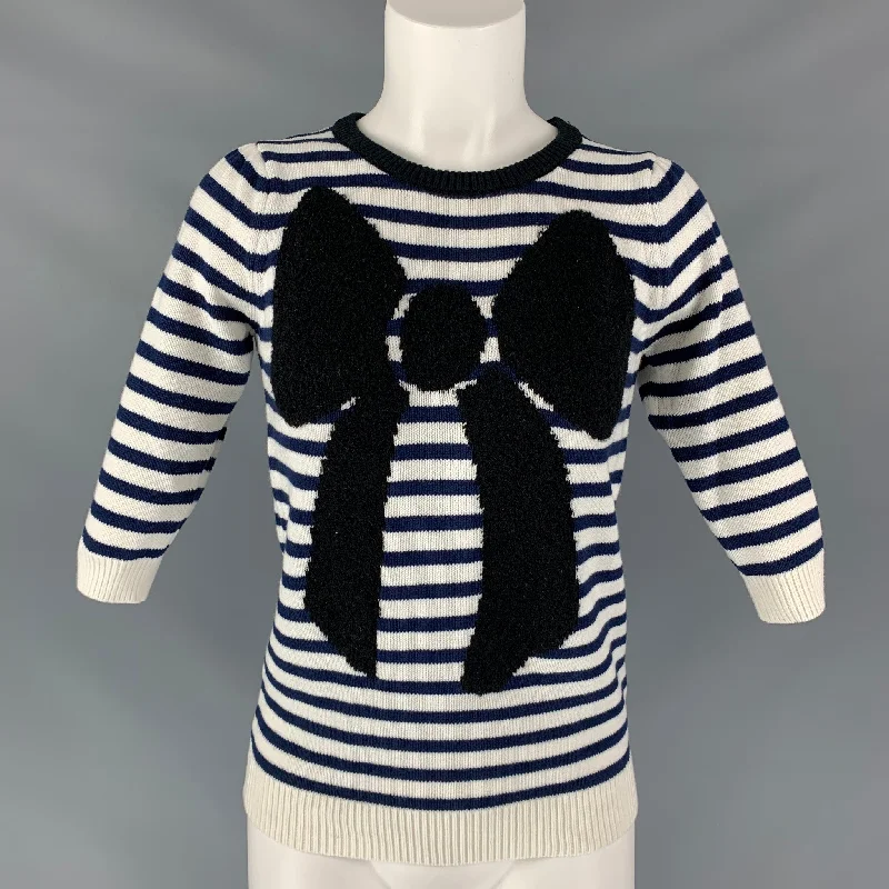 MANOUSH Size XS White &  Navy Cotton Blend Striped Bow Short Sleeve Pullover Short Puff Sleeve