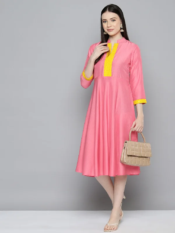 Jompers Women's Sequin work, flared ethnic dress - PInk
