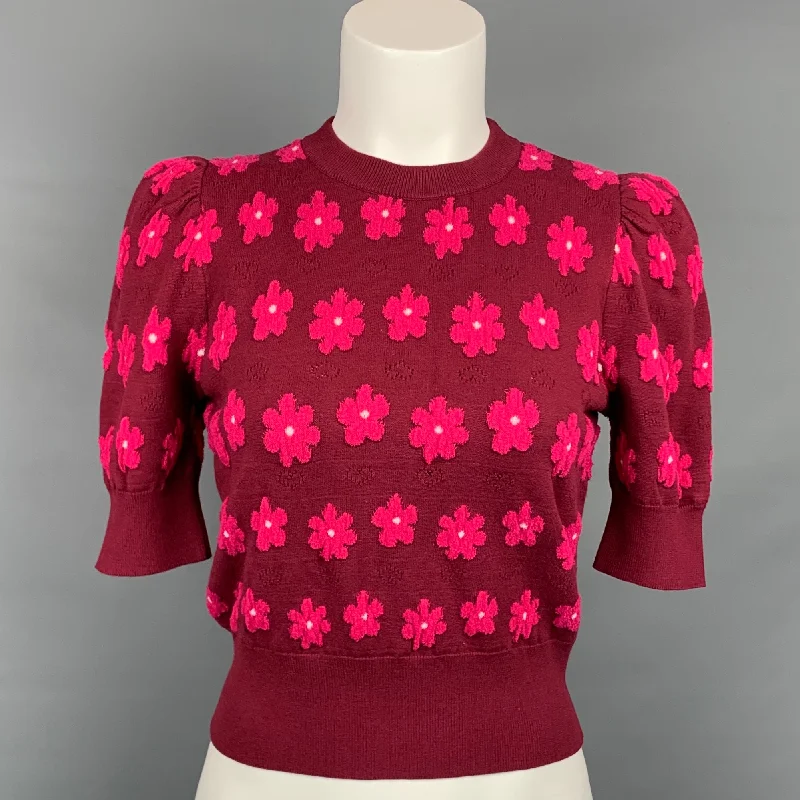 KATE SPADE Size XS Burgundy & Pink Floral Viscose Blend Short Sleeve Pullover Turtleneck Warm Pullover