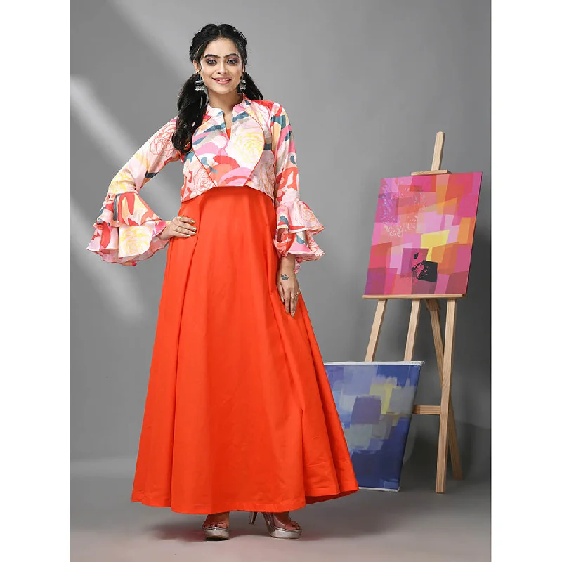 CHARUKRITI Orange Cotton Solid Gown with Printed Cropped Jacket (Set of 2) Mesh Jacket Canvas Jacket Denim Jacket CHARUKRITI Orange Cotton Solid Gown with Printed Cropped Jacket (Set of 2) Mesh Jacket Canvas Jacket Denim Jacket
