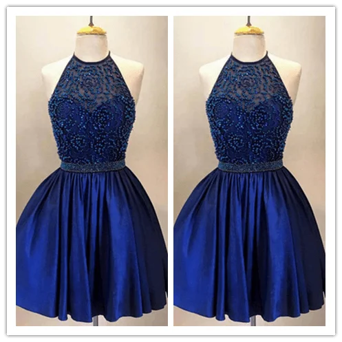 Beaded Bodice Halter High Neck A-line Royal Blue Taffeta Short Prom Dress