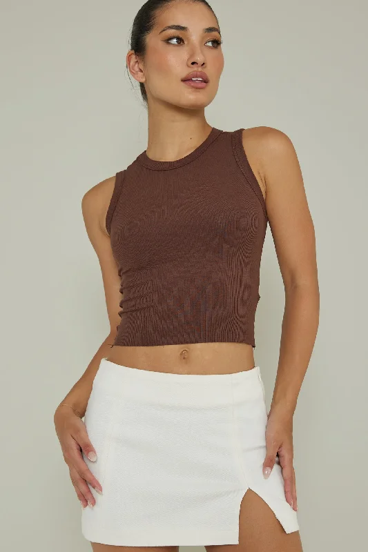 Mayra Crew Neck Crop Top Brown Seamless Knitted Crochet