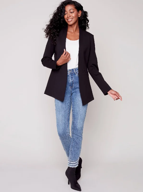Solid Knit Blazer Jacket [Black-C6275] Mesh Jacket Canvas Jacket Denim Jacket