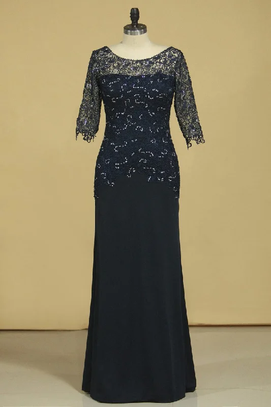 Mother Of The Bride Dresses Scoop 3/4 Length Sleeve Dark Navy Spandex & Lace With Beads Mother Of The Bride Dresses Scoop 3/4 Length Sleeve Dark Navy Spandex & Lace With Beads
