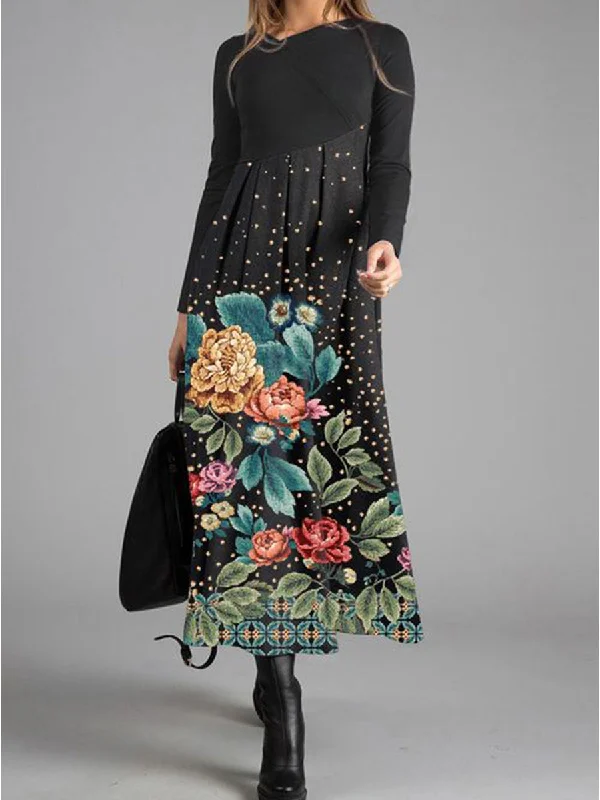 Elegant Long Sleeve Casual Dress with Floral Print and Polka Dots