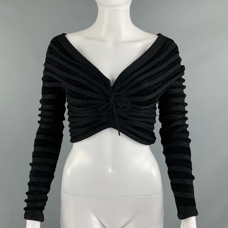 ALAIA Size 4 Black Viscose Polyamide Velvet Cropped Pullover Plunging Neck Pullover