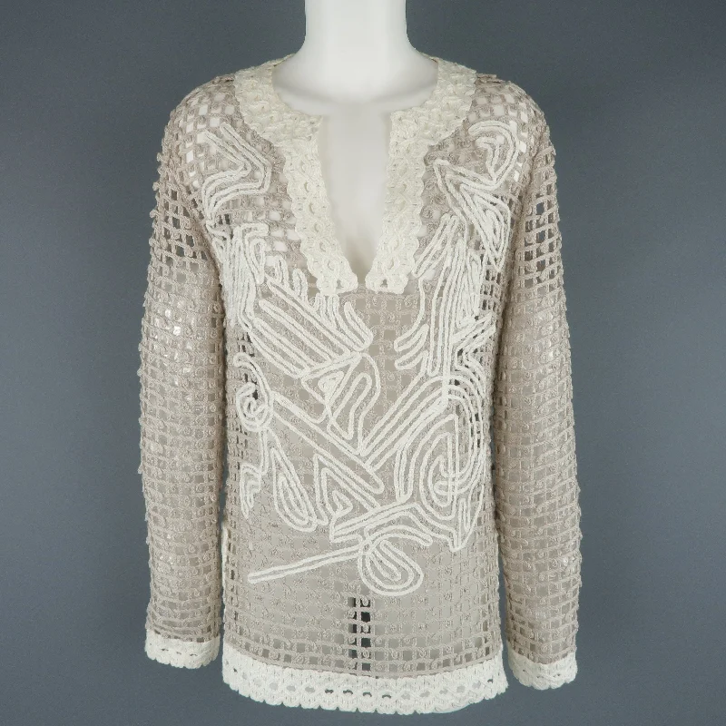 OSCAR DE LA RENTA Size S Taupe & Cream Cotton Crochet Knit Tunic Pullover Gathered Sleeve Pullover
