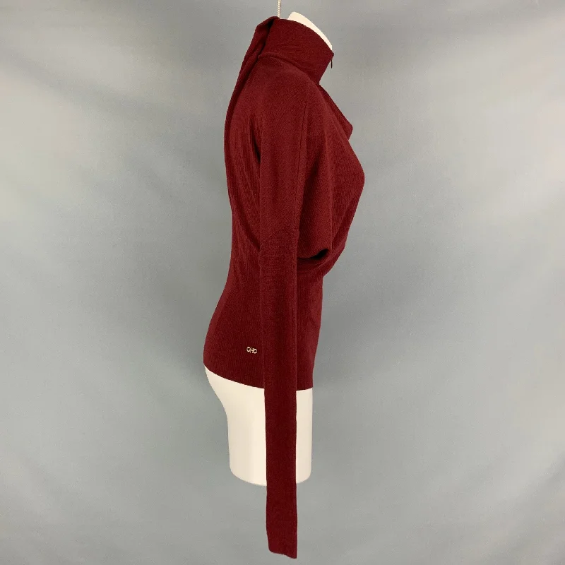 SALVATORE FERRAGAMO Size XS Burgundy Virgin Wool Ribbed Pullover Lapel Neck Sweater