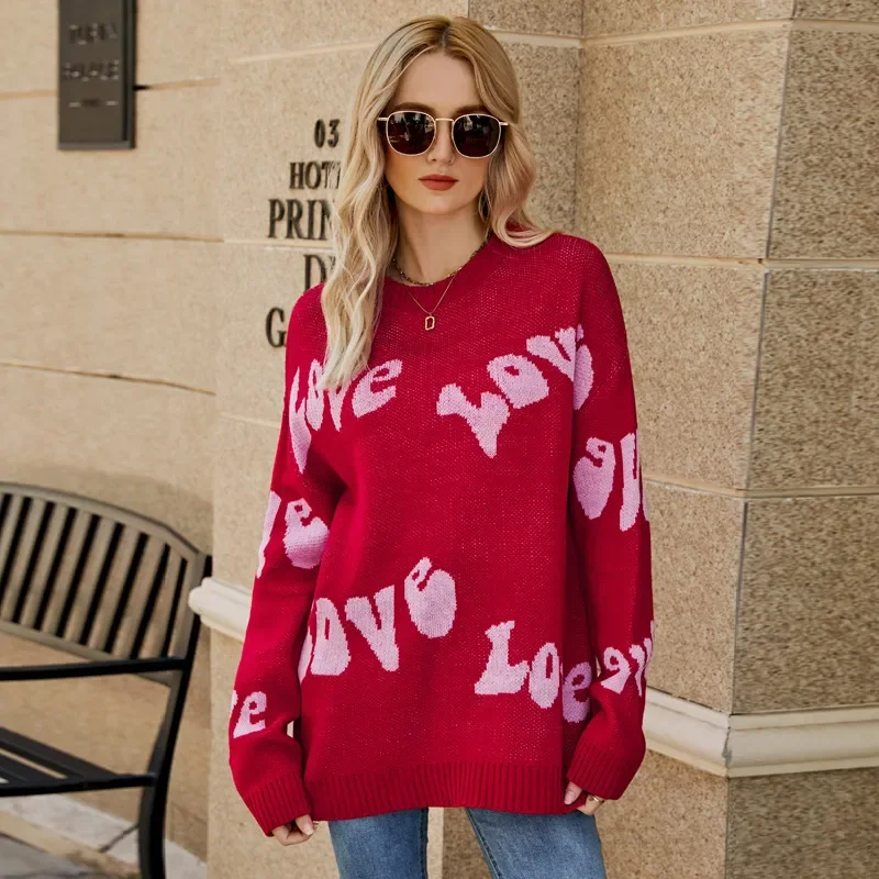 Women Simple Fashion Love Alphabet Jacquard Large Size Pullover Knitted Sweater Over Sleeve Pullover