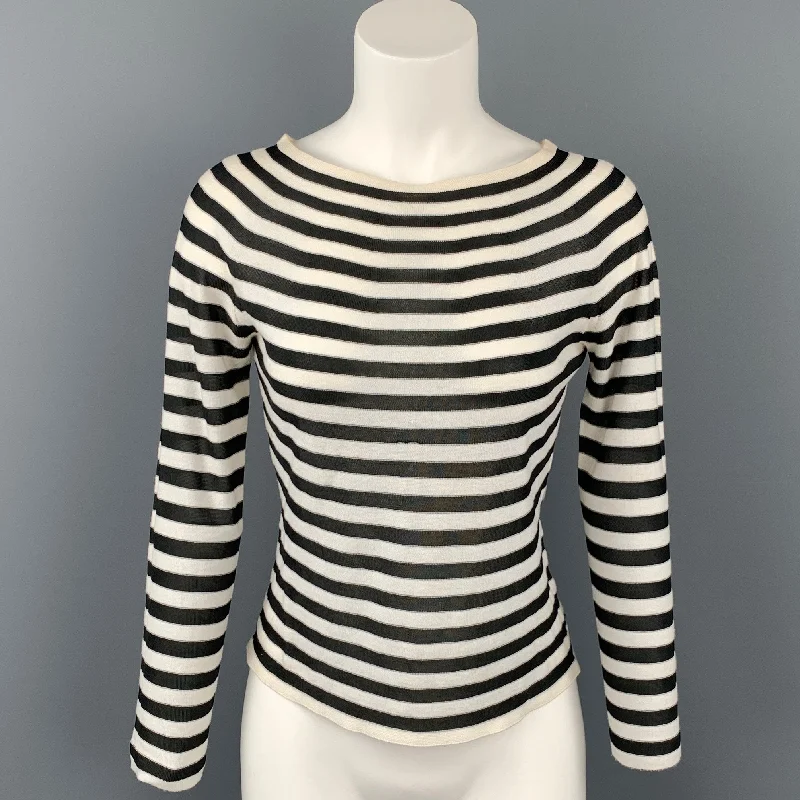 ARMANI COLLEZIONI Size 2 Black & White Stripe Boat Neck Pullover Fitted Ribbed Sweater