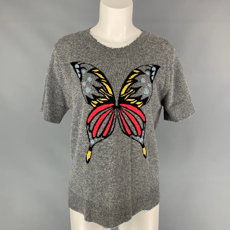ZADIG & VOLTAIRE Size S Grey & Red Knitted Butterlfy Cashmere Short Sleeve Pullover Boxy Neck Sweater