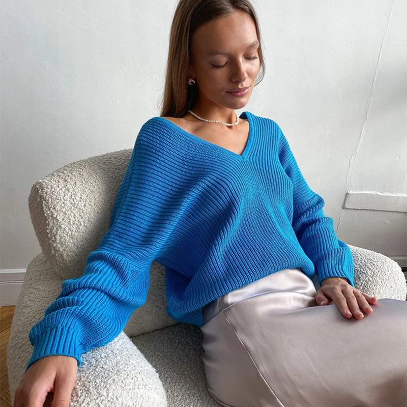 Women Fashion Solid Color Thickened Long-Sleeved Loose Lazy Style V-Neck Pullover Knitted Sweater Slouchy Comfort Pullover