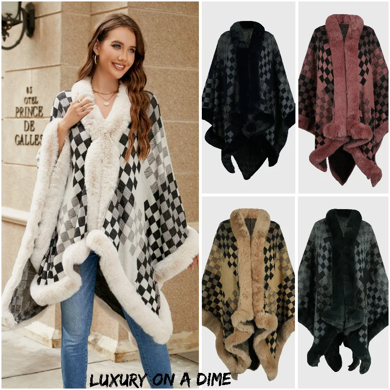 Large Plush Faux Fur Heavy Checker Pullover Oversized Sweater Jacket Poncho Deep Neck Pullover
