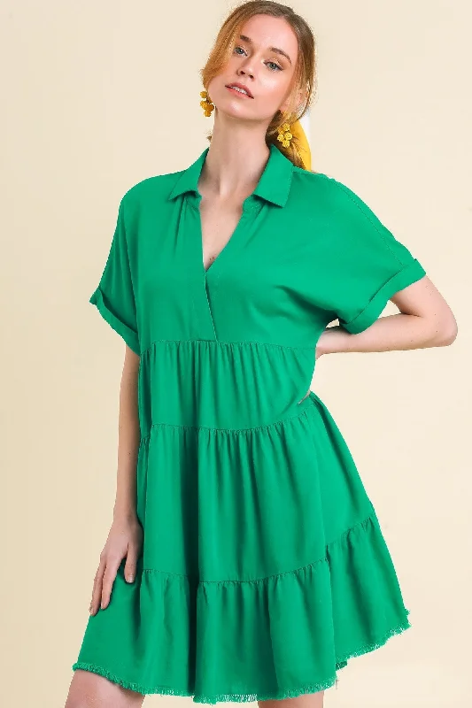 Umgee Linen Blend Tiered Dress in Emerald Green